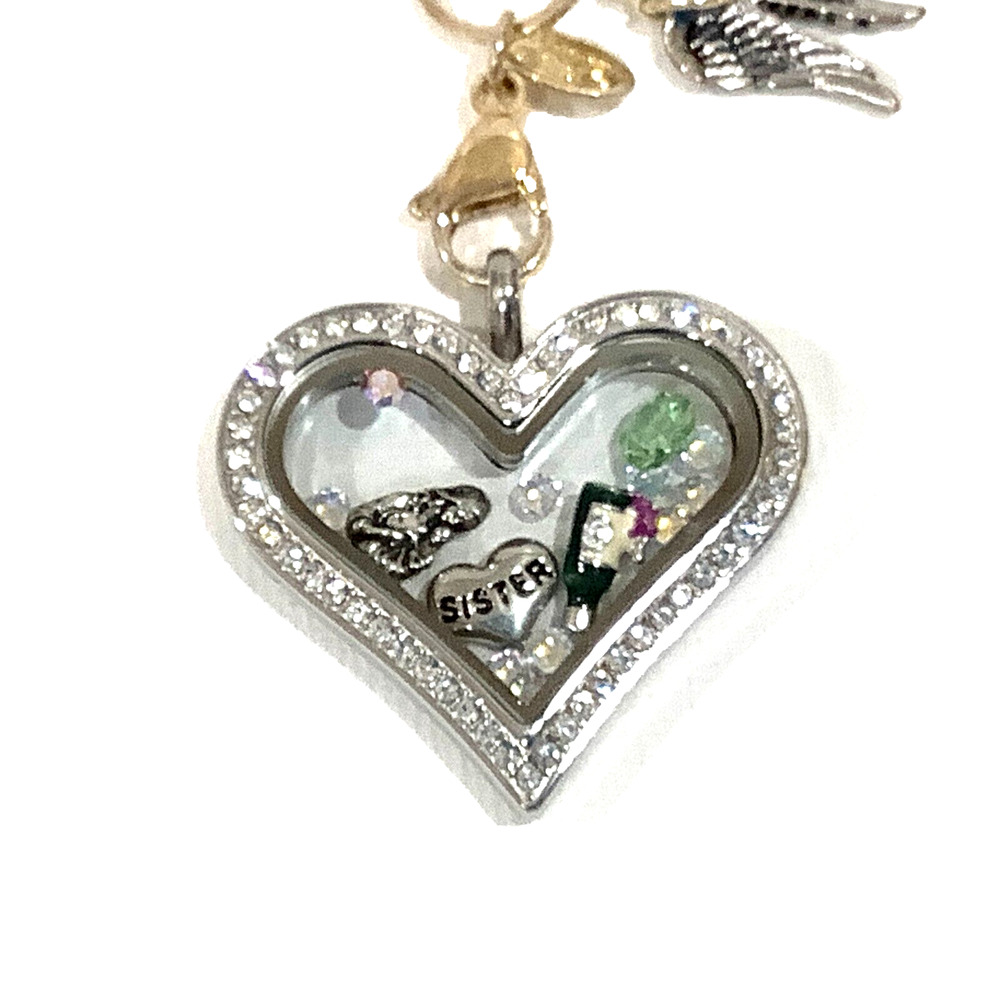Origami Owl Large Silver Hinged Heart Locket Crystals Sister Charm Gold Chain